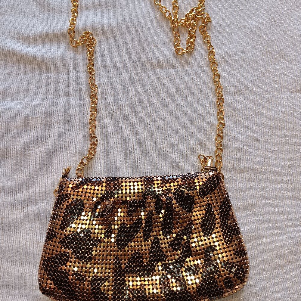 Vintage gold tone metal mesh small Purse Cross Body Y2K 90s Leopard Print style